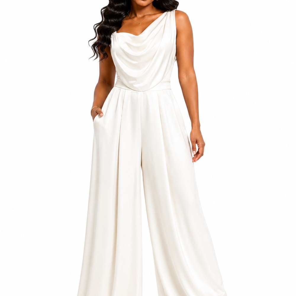 City Chic Cream Draped Wide-Leg Jumpsuit